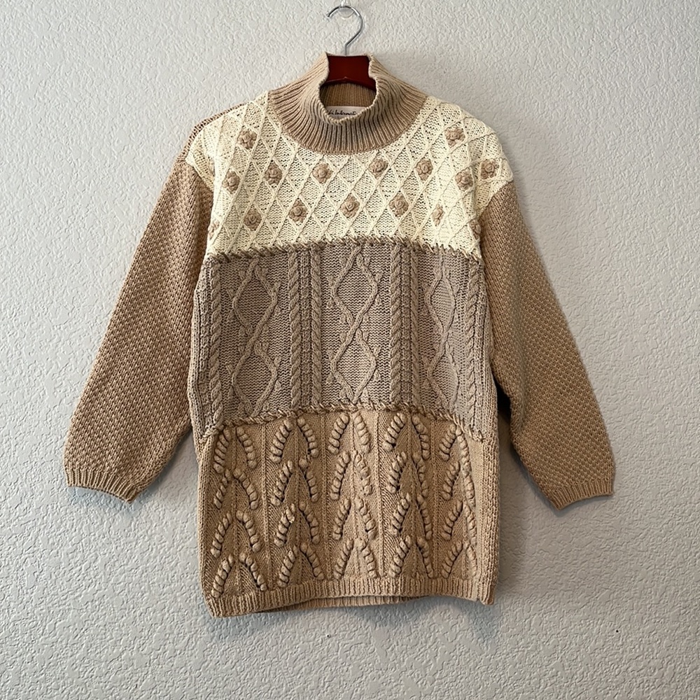 Vintage Chunky Cable Mix Knit Checkerboard Sweater